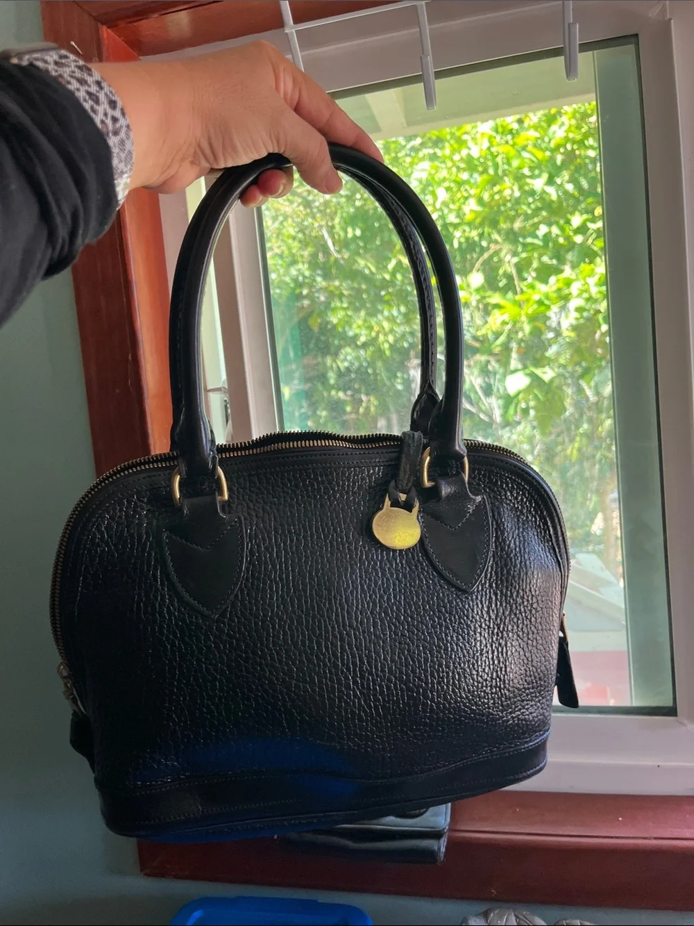 Dooney & Bourke Black Pebbled Leather Dome Satchel with Gold Hardware